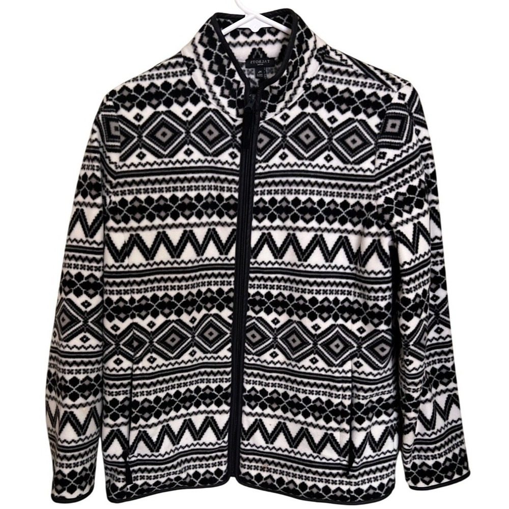 Talbots Womens Petite Fleece Jacket MP Black & White Geometric Print Full Zip